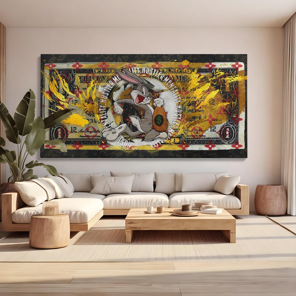 Tablou canvas cu tablou canvas cu dolar si bugs bunny, fara rama, pe sasiu de lemn, pe perete intr-un living